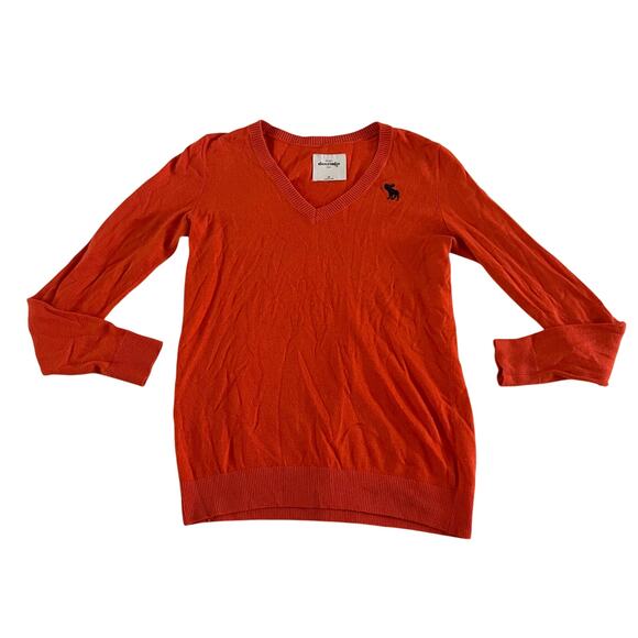 Vtg Y2K 2000s Abercrombie Orange V Neck Moose Logo Pullover Sweater Kids XL - Picture 1 of 7